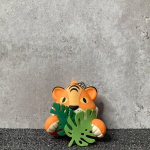 Cute Tiger Keychain with Green Leaves
